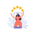 Woman from smartphone give feedback rating 5 stars. Vector flat people satisfied customer illustration by giving 5 star