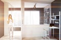 Gray empty home office interior, freelance, woman Royalty Free Stock Photo