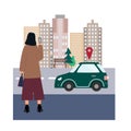 Woman with smartphone ordered a car by online city car sharing service. Girl going to work. Mobile transportation concept.
