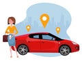 Woman with smartphone standing near car. Rent a car using mobile app. Online carsharing concept. Sport red car on background of