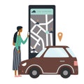 Woman with smartphone take a car by online city car sharing service. Mobile transportation concept for banner, background