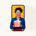 Woman In Smartphone Wearing 3D-Glasses Holding Popcorn Watching Movie, Studio