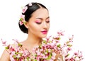 Woman Smell Sakura Flowers, Japanese Fashion Model Beauty Portrait, White