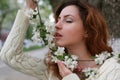 Woman smell tree flower Royalty Free Stock Photo