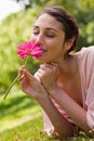 Woman smelling a flower while lying on her front Royalty Free Stock Photo