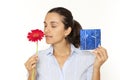 Woman smelling flower solar cell Royalty Free Stock Photo
