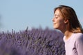 Woman smelling lavender flowers in a field Royalty Free Stock Photo