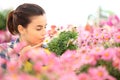 Woman smells the daisies in flowers garden