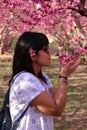 Woman smells the pretty pink peach blossoms Royalty Free Stock Photo