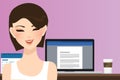 Woman smile in front of computer working in office home as copy writer illustration of beautiful happy girl or student