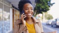 Woman, smile and happy on street, phone call or discussion with news or communication. Designer, report and south africa Royalty Free Stock Photo