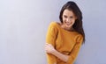 Woman, smile and mockup with fashion, laugh and smile with sweater for comfort. Model, happy and positive with natural Royalty Free Stock Photo