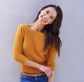 Woman, smile and mockup with fashion, portrait and proud with sweater for comfort. Model, happy and positive for natural Royalty Free Stock Photo