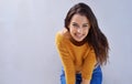 Woman, smile and mockup with happy, playful and proud with sweater for comfort. Model, fashion and positive with natural Royalty Free Stock Photo