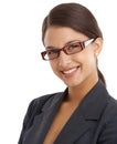 Woman, smile in portrait and glasses with business vision for eye care, investigative journalist and optometry