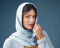 Woman, smile and studio with hijab in portrait with happy for confidence for islamic culture. Beauty, pride and faith Royalty Free Stock Photo