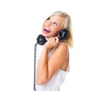 Woman with smile, telephone call and happiness with communication and virtual chat isolated on white background. Happy Royalty Free Stock Photo