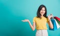 Woman smile white teeth standing wear, She holding shopping bags show hand something Royalty Free Stock Photo