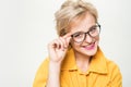 Woman smiling blonde wear eyeglasses close up. Eyewear fashion. Add smart accessory. Stylish girl with eyeglasses