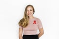 Woman Smiling Happiness Red Ribbon Charity Donation Royalty Free Stock Photo