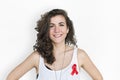 Woman Smiling Happiness Red Ribbon Charity Donation Royalty Free Stock Photo