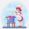 Woman Smiling and happy chef cook in the kitchen preparing soup, sauce. Colorful illustration in flat design