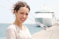 Woman smiling and looking at camera, big cruise Royalty Free Stock Photo