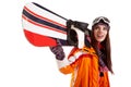 Woman smiling skier girl wearing fur vest ski googles.