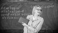 Woman smiling teacher hold book stand front chalkboard. Recommendation for college concept. Request letter