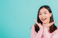 Woman smiling wear silicone orthodontic retainers on teeth surprised she is excited screaming and raise hand make gestures wow Royalty Free Stock Photo