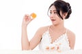 woman smiling she& x27;s holding orange handcrafted organic soap Royalty Free Stock Photo