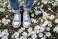 female woman lifestyle sneakers flowers spring fashion white grass outdoors green. Generative AI.