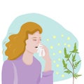 The woman is sneezing. Reaction to pollen of flowering herbs, seasonal allergies, polynosis. Vector illustration