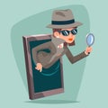 Woman snoop detective magnifying glass tec agent online mobile phone cartoon design vector illustration