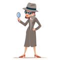 Woman snoop detective tec search evidence pursuit criminal follow the trail female character design vector illustration