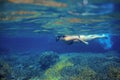 Woman snorkel in coral reef. Young girl in bikini swimming underwater. Snorkeling in tropical sea