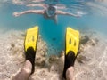 Woman snorkel with school of coral fish, Red Sea, Egypt Royalty Free Stock Photo