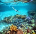 A woman snorkeling in the beautiful coral reef with lots of fish