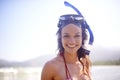 Woman, snorkeling and mask in portrait, beach and adventure for travel, fun and activity. Female person, bikini and