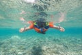 Woman is snorkeling in tropical sea for see coral reef at Gili meno.