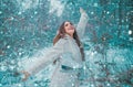 Woman in snow. Enjoying nature wintertime. Vintage winter person. Girl playing with snow in park. Beautiful young woman Royalty Free Stock Photo