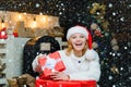 Woman in snow. Positive human emotions facial expressions. Christmas interior. Merry Christmas and Happy New Year Royalty Free Stock Photo