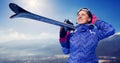 Woman with snowboard on the snow mountain panorame Royalty Free Stock Photo