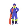 Woman snowboarder portrait. Snowboard rider holding snow board. Person standing in helmet and winter sports outfit Royalty Free Stock Photo