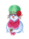 Woman-snowman in hat and scarf with gift, watercolor