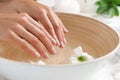 Woman soaking her hands in bowl of water and flowers, space for text. Spa treatment Royalty Free Stock Photo