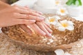 Woman soaking her hands in bowl of water and flowers on table, space for text. Spa treatment Royalty Free Stock Photo