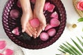 Woman soaking her hands in bowl with water and petals on wooden table. Spa treatment Royalty Free Stock Photo