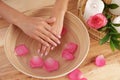 Woman soaking her hands in bowl with water and petals on wooden table, top view. Royalty Free Stock Photo