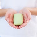 Woman with soap bar. Royalty Free Stock Photo